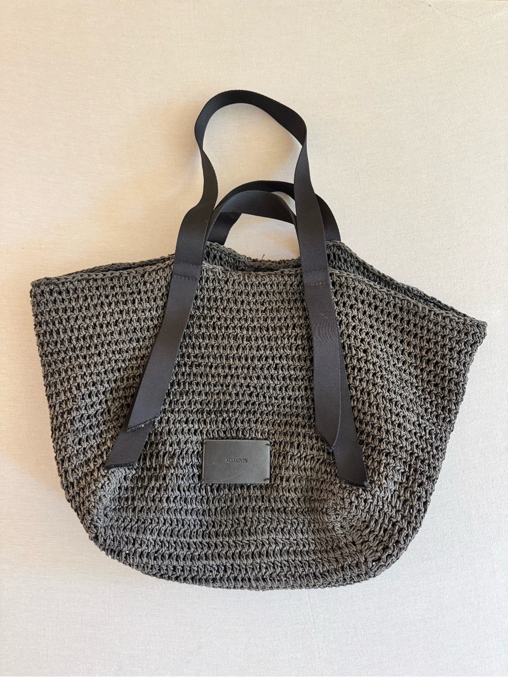 ALLSAINTS Raffia Tote Bag in Charcoal with Ribbon Straps
